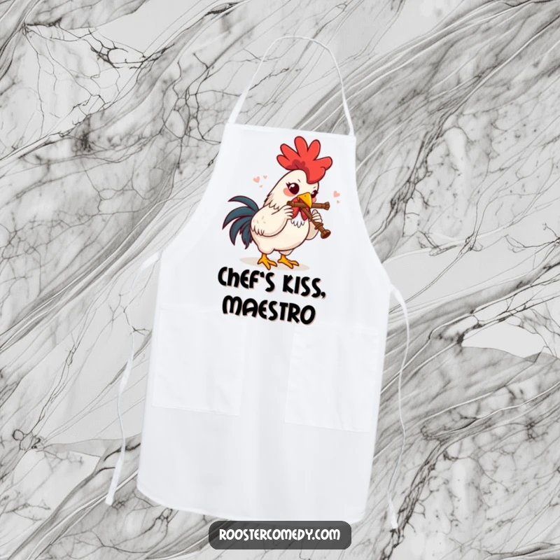 Funny Apron showing a rooster playing a tiny flute with intense, delightful concentration, perfect for a musical chef.
