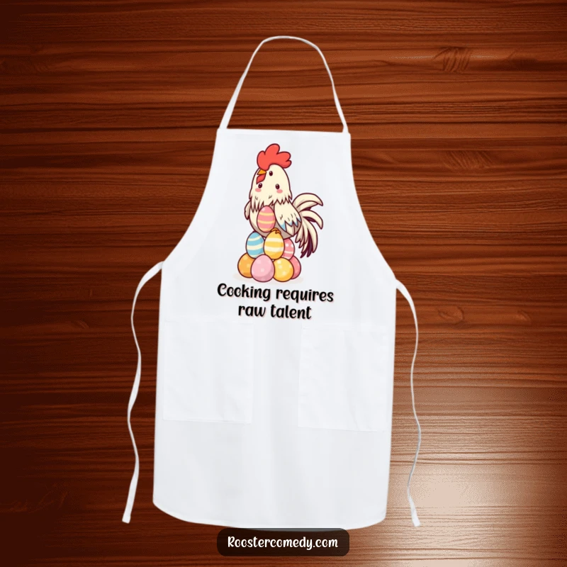 Funny Kawaii Rooster Apron designed for cooks, showing a rooster balancing a stack of colorful eggs while wearing a chef's hat.