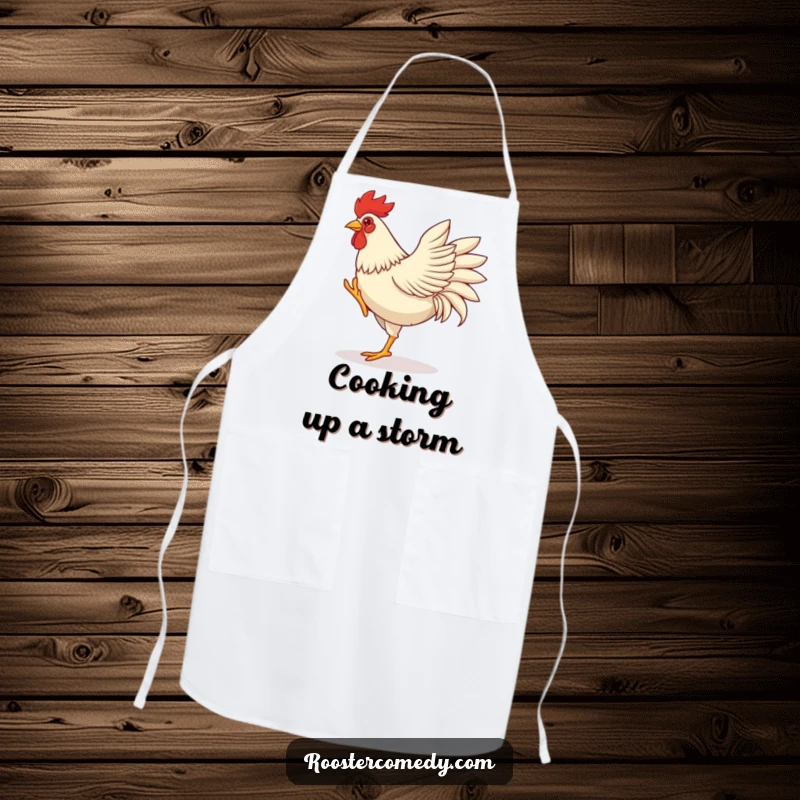 Funny rooster apron, depicting a rooster dancing with energetic leg kicks and flapping wings, ready to add flair to cooking.