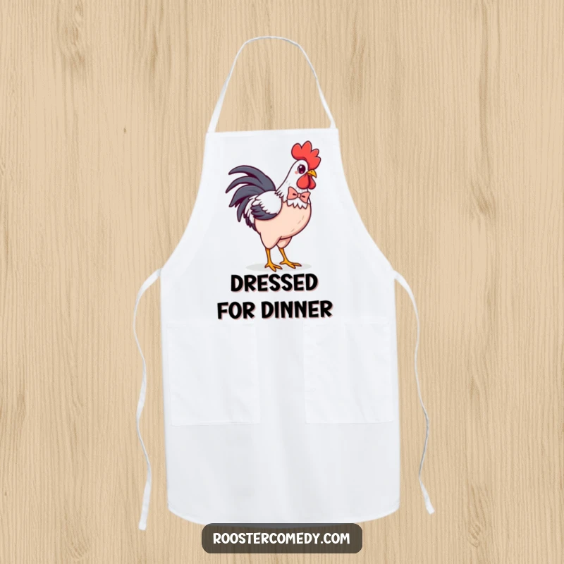 Funny Kawaii Rooster Bowtie Apron: Confident chicken strutting with a tiny bowtie, stylish and functional kitchen wear, great for chefs.