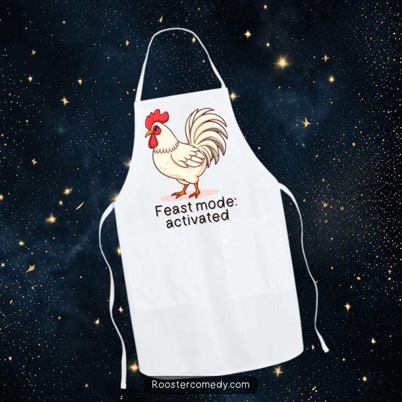 Funny Kawaii rooster apron showing a cute rooster strutting proudly with its tail feathers fanned, perfect for adding a bold touch to cooking.