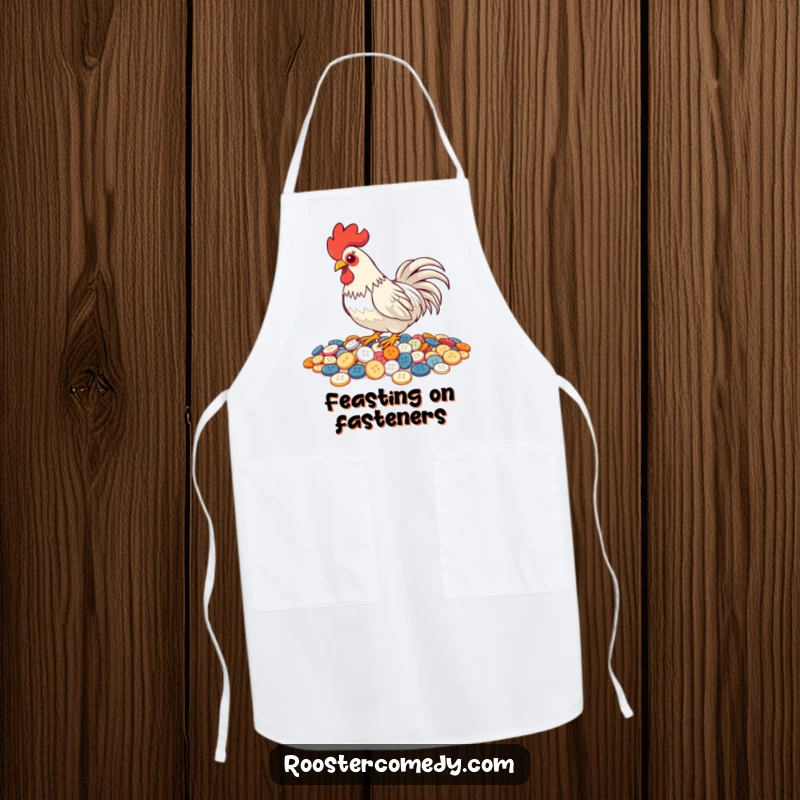 Funny Pecking Rooster Apron, kitchen wear with a rooster pecking buttons, shiny and humorous chef accessory, great for cooking.