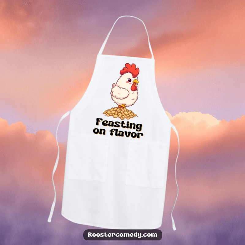 Funny fluffy rooster apron, cooking happily, pecking seeds, cute kitchen accessory, perfect funny gift.