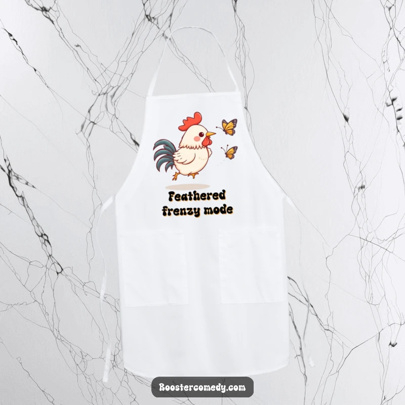 Funny Kawaii Rooster Apron: A gleeful rooster hilariously chases a startled butterfly, perfect kitchen funny gift.