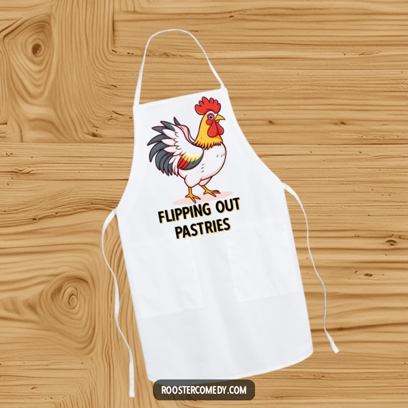 Funny apron illustrating a rooster happily flapping its wings as if flying a short distance, perfect for adding optimistic humor to cooking.