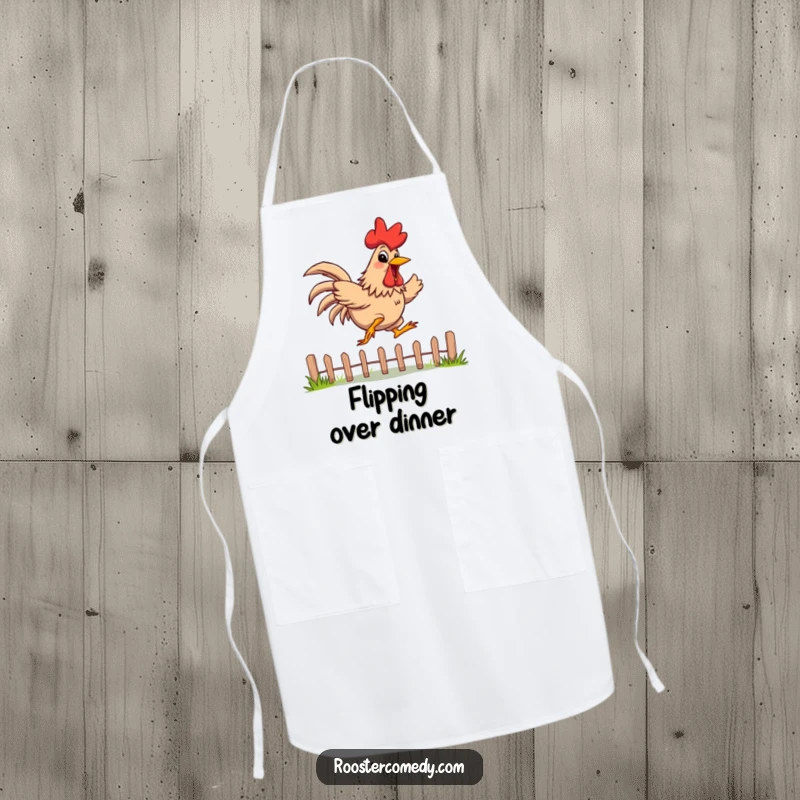 Funny Apron showcasing a rooster with a wide, energetic grin, jumping over a low fence, adding a humorous touch to cooking.
