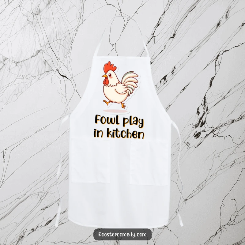 Funny Kawaii Rooster Apron: A cute rooster in a dynamic hop, perfect for adding cheer to any kitchen task. A great funny gift.