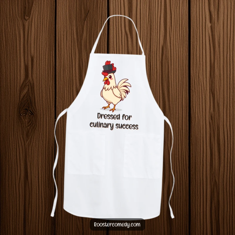 Funny rooster apron, showing a rooster confidently strutting with a tiny top hat, ready to add some flair to any culinary task.