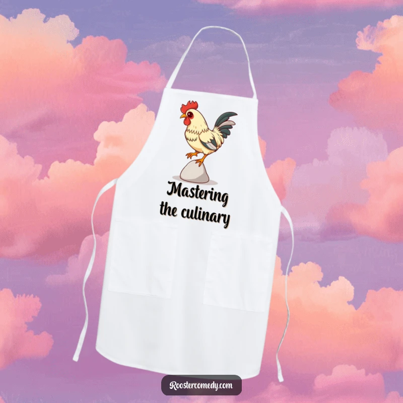 Funny Focused Rooster Apron, kitchen wear with a rooster balancing on a pebble, intense focus, humorous and funny chef accessory.