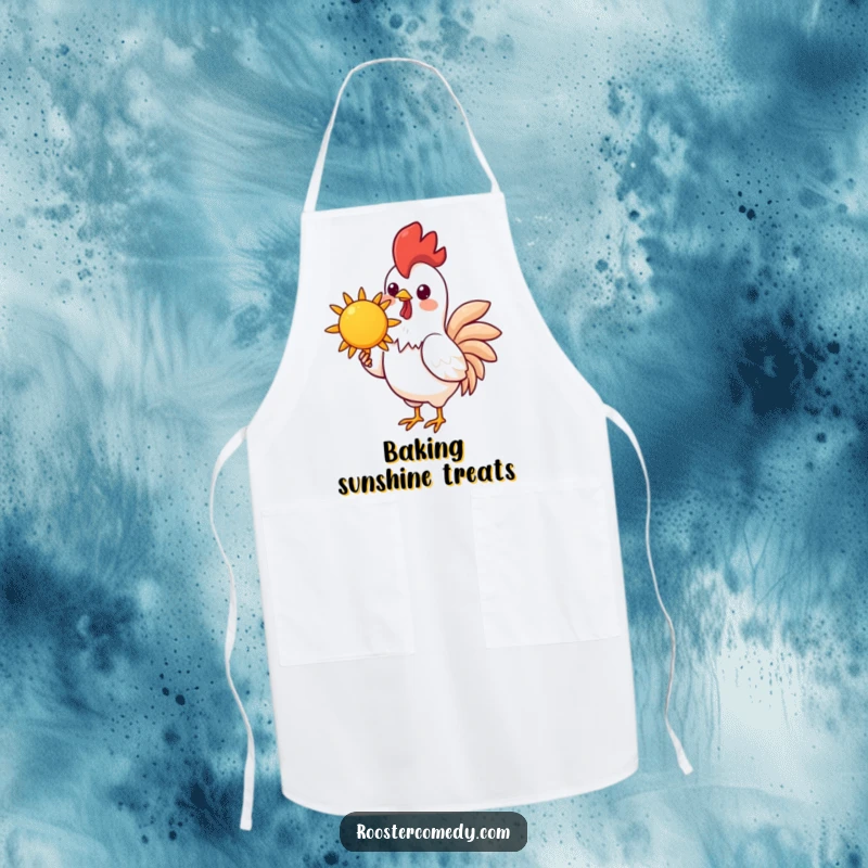 Funny Kawaii Rooster Apron: A kawaii rooster holds a cheerful sun, adding funny, sunny vibes to your cooking and baking attire.
