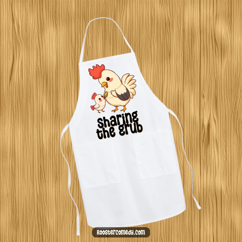 Funny Kawaii Rooster Apron: A cute rooster sharing a seed, designed for fun in the kitchen.