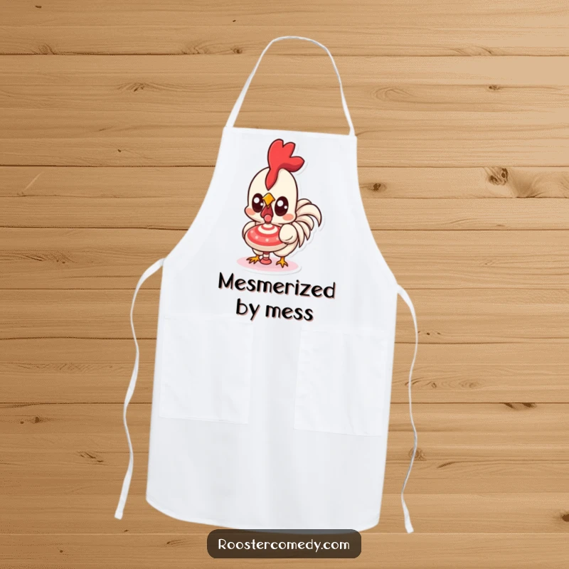 Funny Kawaii Rooster Apron: A cute rooster with large eyes, focused on a spinning top, perfect for kitchen fun. A great funny gift.