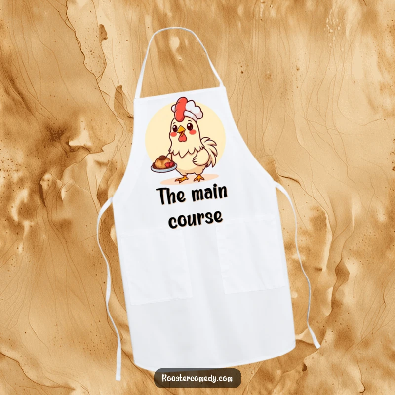 Funny Kawaii rooster in a chef hat, presenting food, on a kitchen apron.