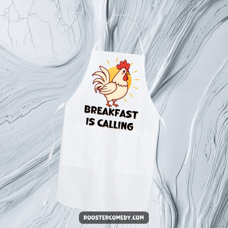 Funny Kawaii rooster crowing at a rising sun, depicted on a practical kitchen apron.