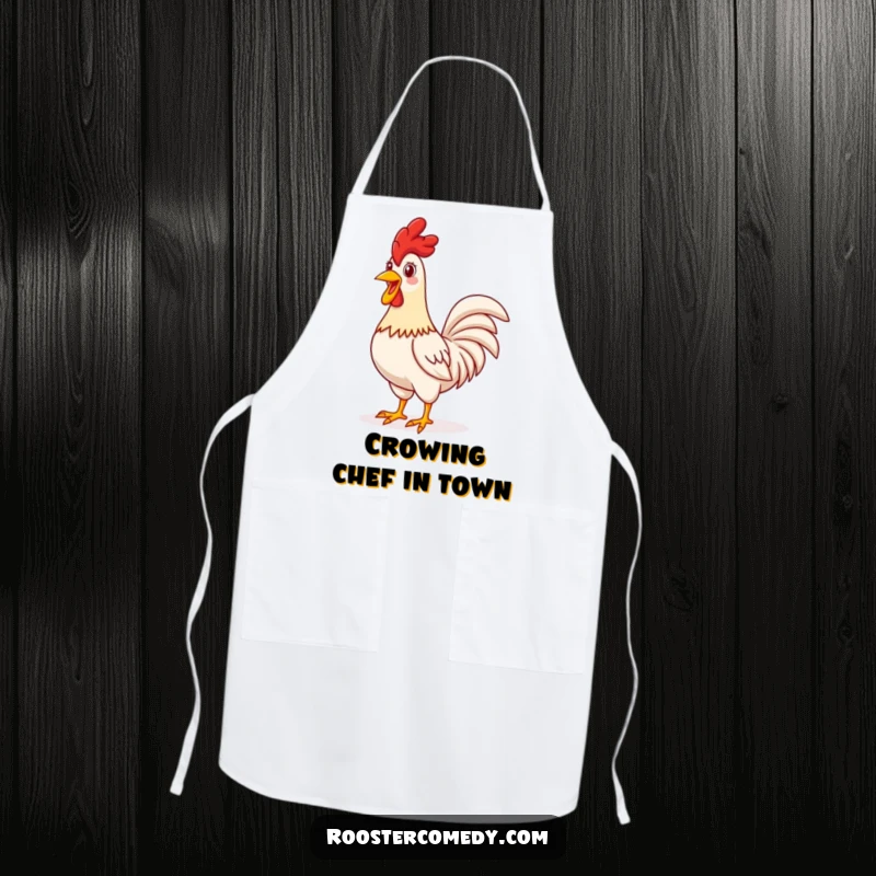 Funny proud rooster apron, cooking with cheer, standing tall and crowing, cute kitchen accessory, perfect funny gift.