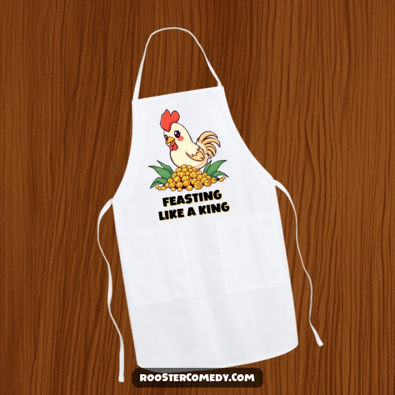Funny Apron showcasing a small rooster with sparkling eyes, enthusiastically pecking at corn, adding a humorous touch to cooking.