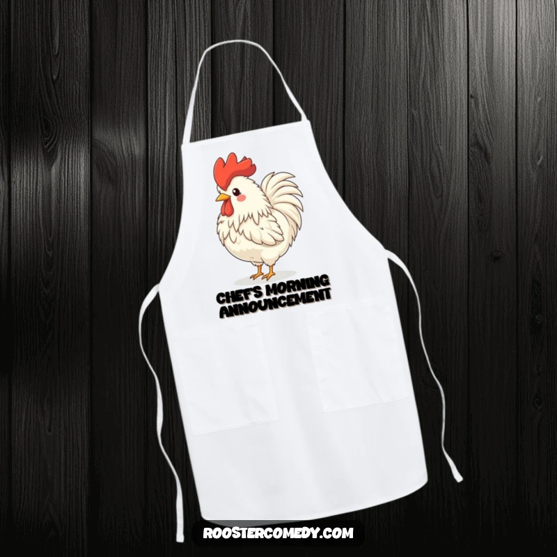 Funny rooster apron, a fluffy bird crowing loudly with head back, bringing farm fun to the kitchen.