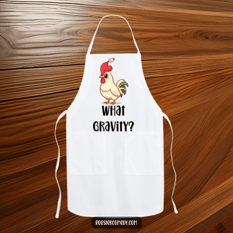 Funny Rooster Apron, depicting a chicken recoiling in surprise from a falling feather, perfect for kitchen humor.