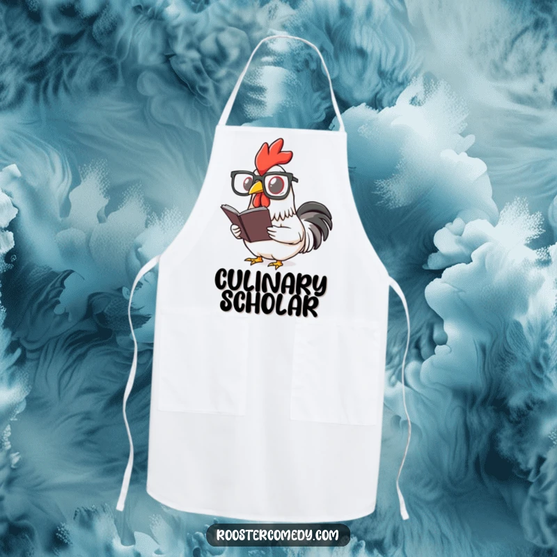 Funny rooster apron featuring a bird wearing spectacles and reading a tiny book. Ideal for kitchen tasks and readers.