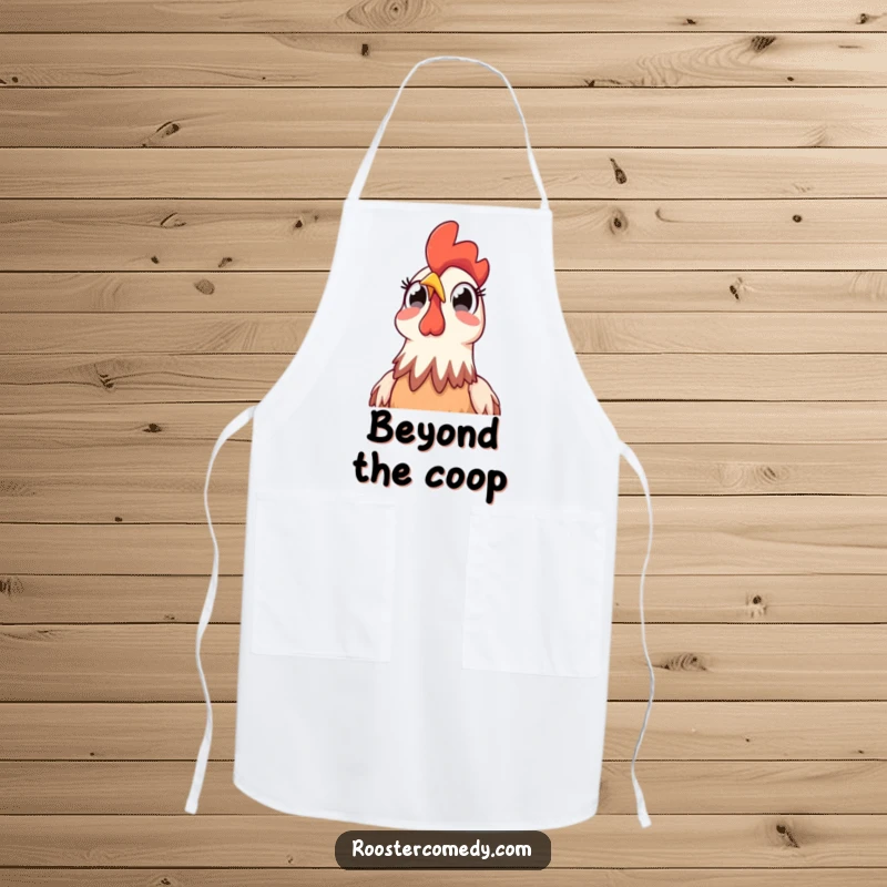 Funny Rooster Sky Surprise Apron: Humorous apron with a rooster whose wide eyes show surprise as it looks up at the sky.