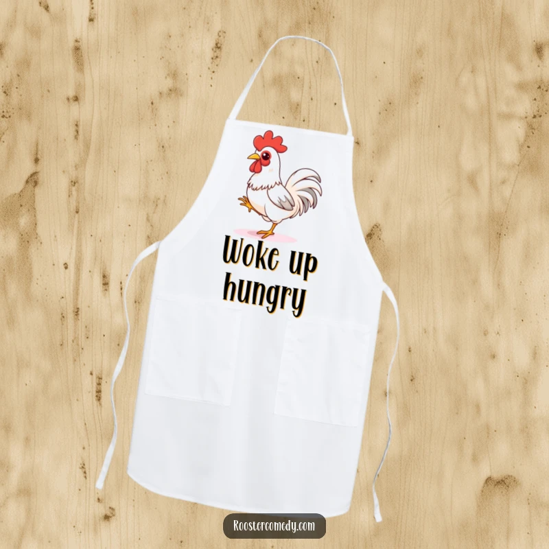 Funny rooster apron, a chef's accessory featuring a bird tapping its foot, poised to sprint, adding humor to culinary tasks.