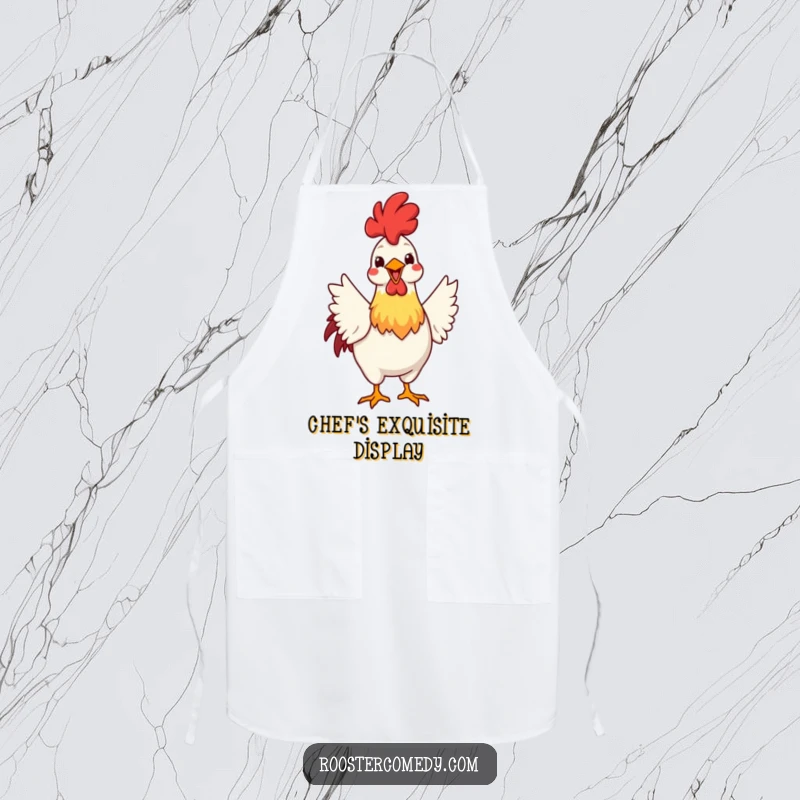 Funny apron illustrating a rooster enthusiastically fanning its tail feathers with a big grin, perfect for adding confident humor to cooking.