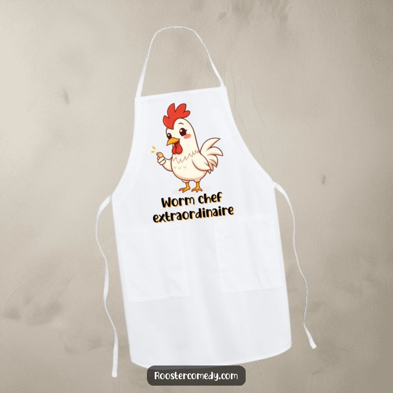 Funny Rooster Apron: Chef's apron with a cheerful rooster offering a worm, a humorous addition to kitchen wear.