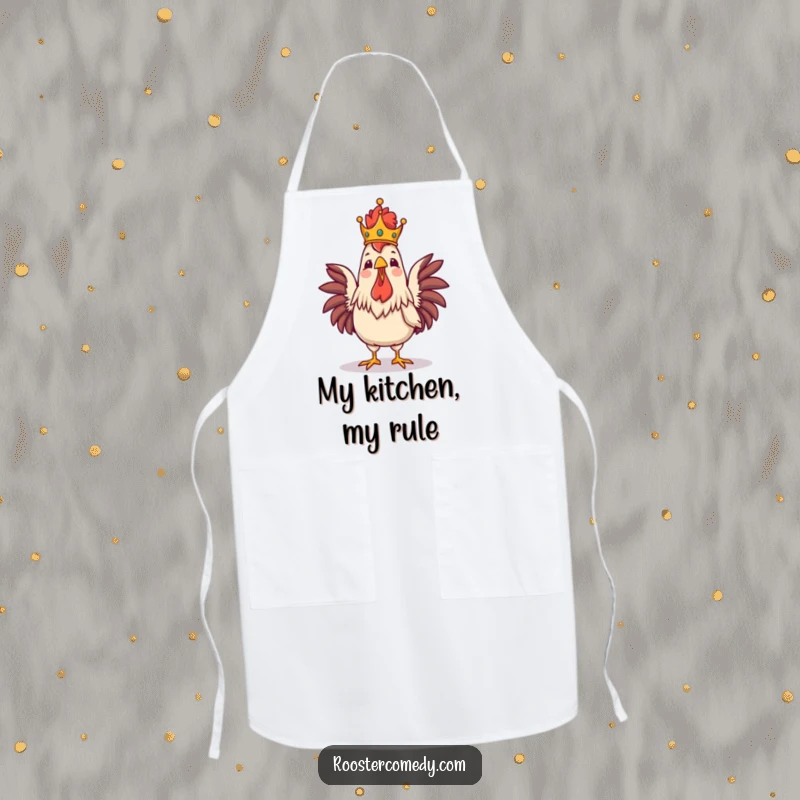 Funny Royal Rooster Crowing Apron, kitchen wear with a proud crowned rooster, majestic and funny chef accessory, great for cooking.
