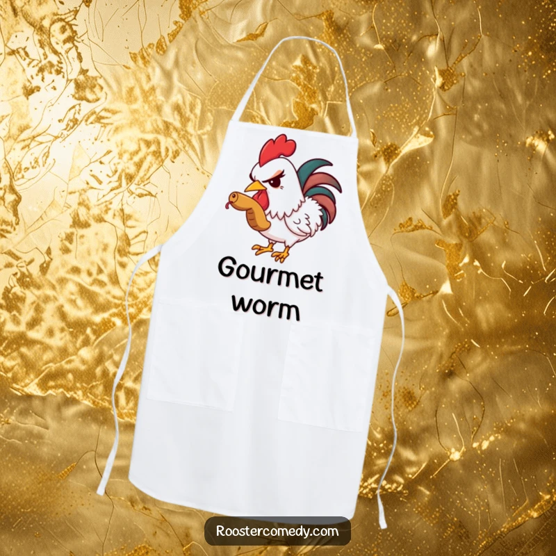 Funny apron depicting a rooster winking while sneaking a worm, perfect for adding humor to cooking.