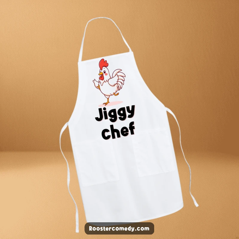 Funny Kawaii Rooster Apron: A cute rooster is depicted doing a silly jig, adding a funny, lively touch to kitchen wear.