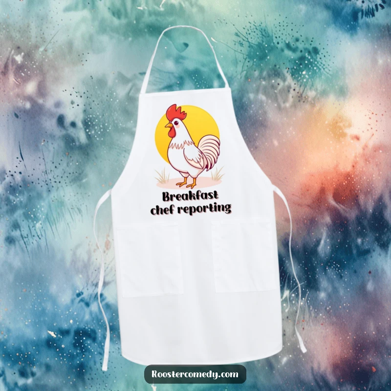 Funny Kawaii rooster apron showing a cute rooster crowing at a bright sunrise, perfect for adding a cheerful touch to cooking.