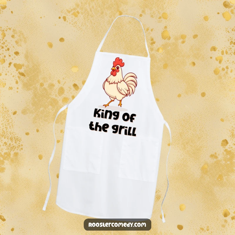 Funny Kawaii rooster strutting confidently with puffed chest, depicted on a practical kitchen apron.