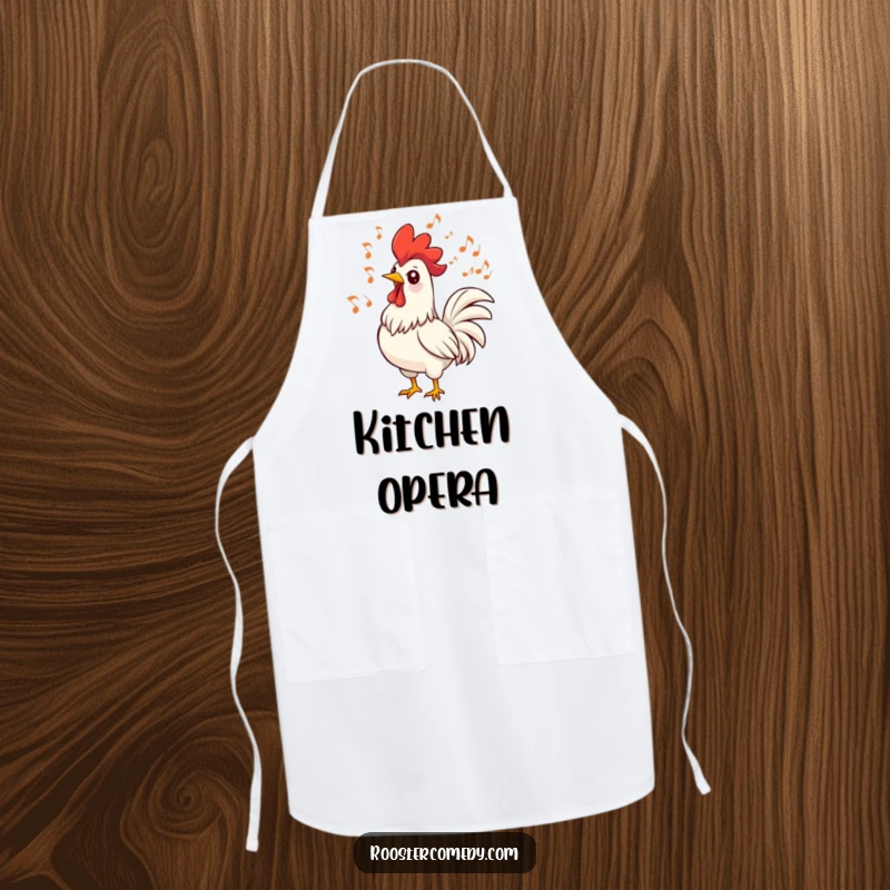 Funny rooster apron featuring a singing bird with musical notes. Ideal for kitchen tasks and music lovers.