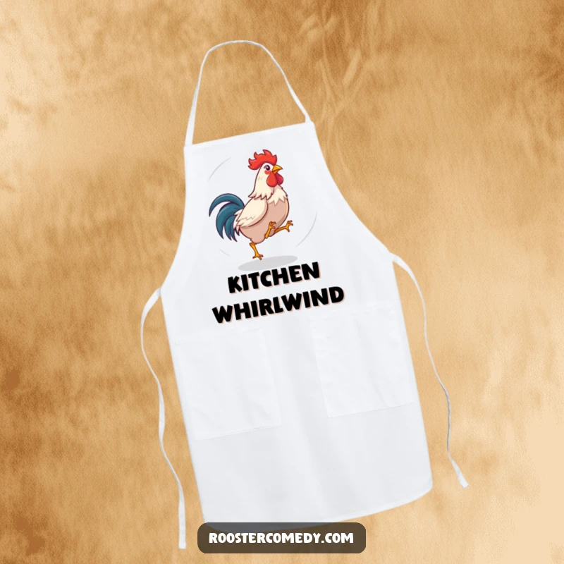 Funny rooster apron with a dizzy bird playfully chasing its tail. Ideal for kitchen tasks and humorous moments.