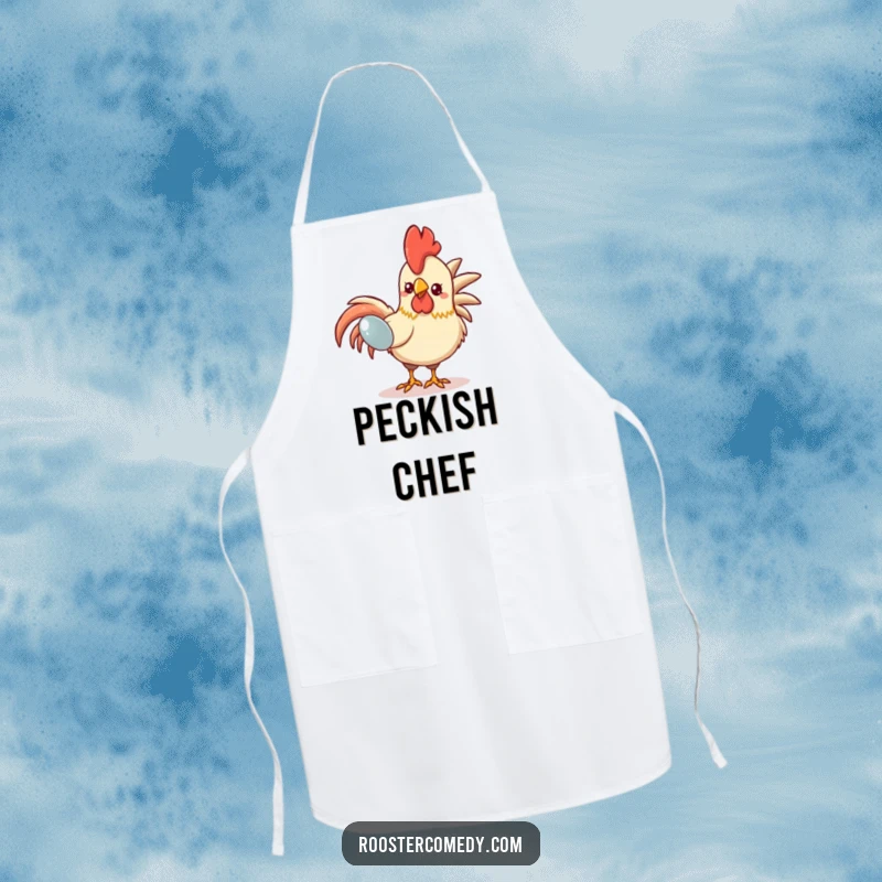 Funny Kawaii Rooster Apron: A cute rooster is depicted pecking at a shiny object, adding a funny, charming touch to kitchen wear.