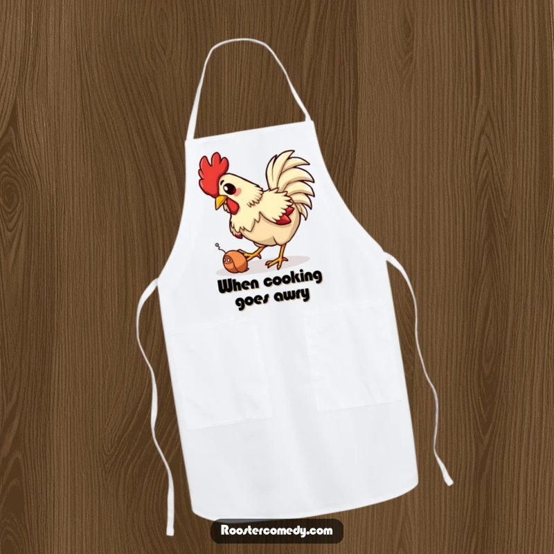 Funny apron illustrating a rooster comically tripping while trying to catch a worm, perfect for adding humor to kitchen tasks.