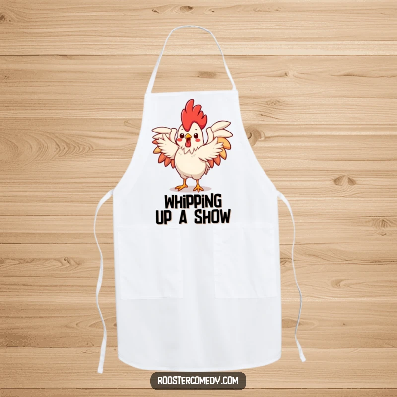 Funny Apron featuring a cute Kawaii rooster with outstretched wings, performing a flamboyant dance, perfect for adding joy to cooking.