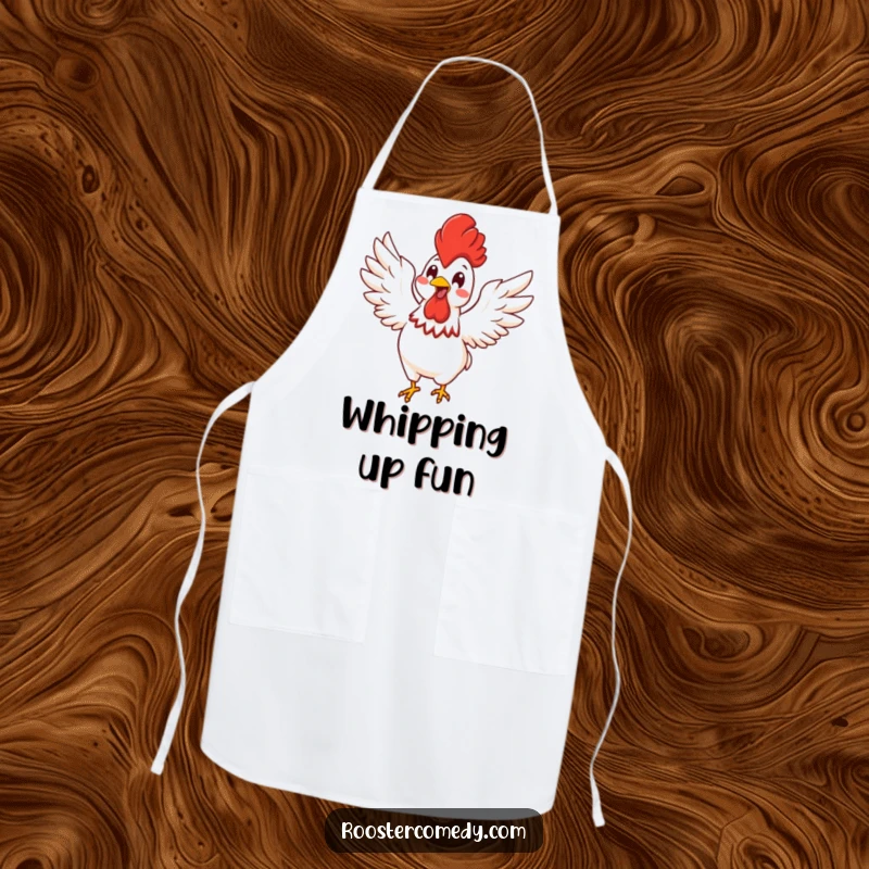 Funny Kawaii rooster flapping its wings with energetic glee, depicted on a practical kitchen apron.