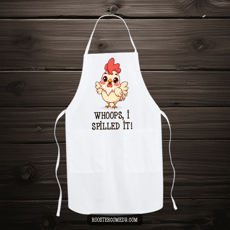 Funny Surprised Rooster Apron, kitchen wear with a shocked rooster, wide eyes and ruffled feathers, humorous and funny chef accessory.