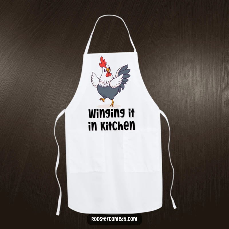 Funny Rooster Apron: A chef's or baker's apron adorned with a rooster performing a comical happy jig, its tiny wings a blur.