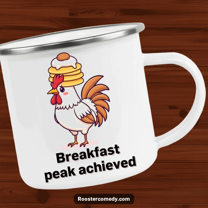 Funny pancake rooster camping mug, balancing pancakes on head, breakfast enamel mug, outdoor gear.