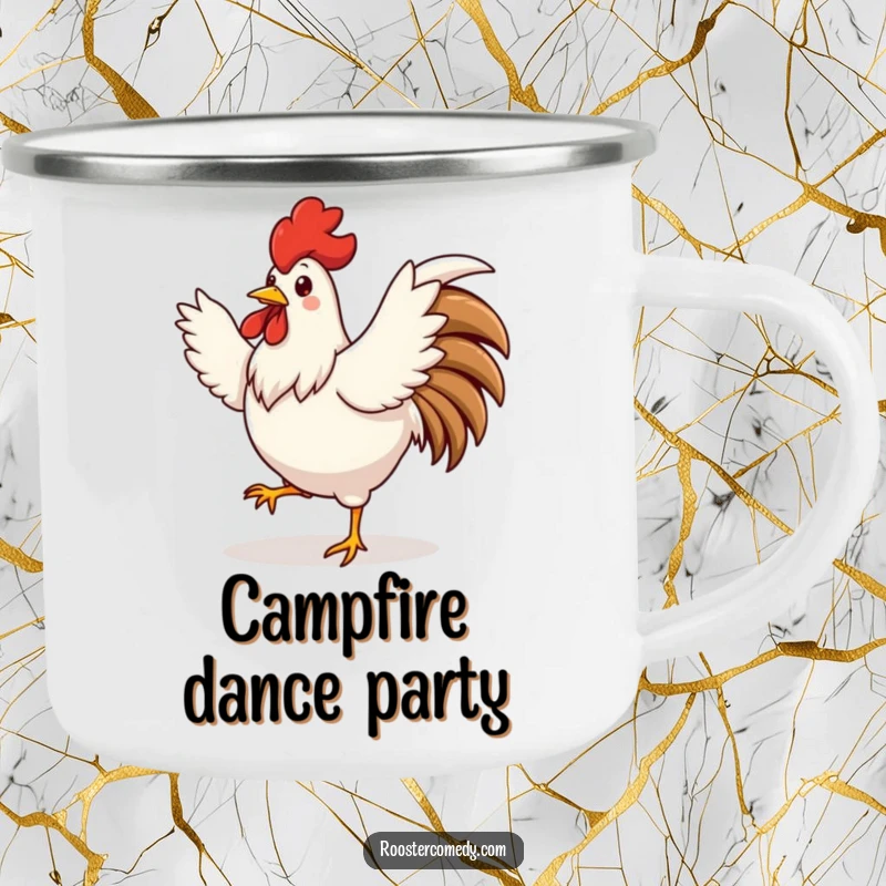 Funny cute rooster camping mug, dancing with wings spread, energetic style, perfect funny gift.