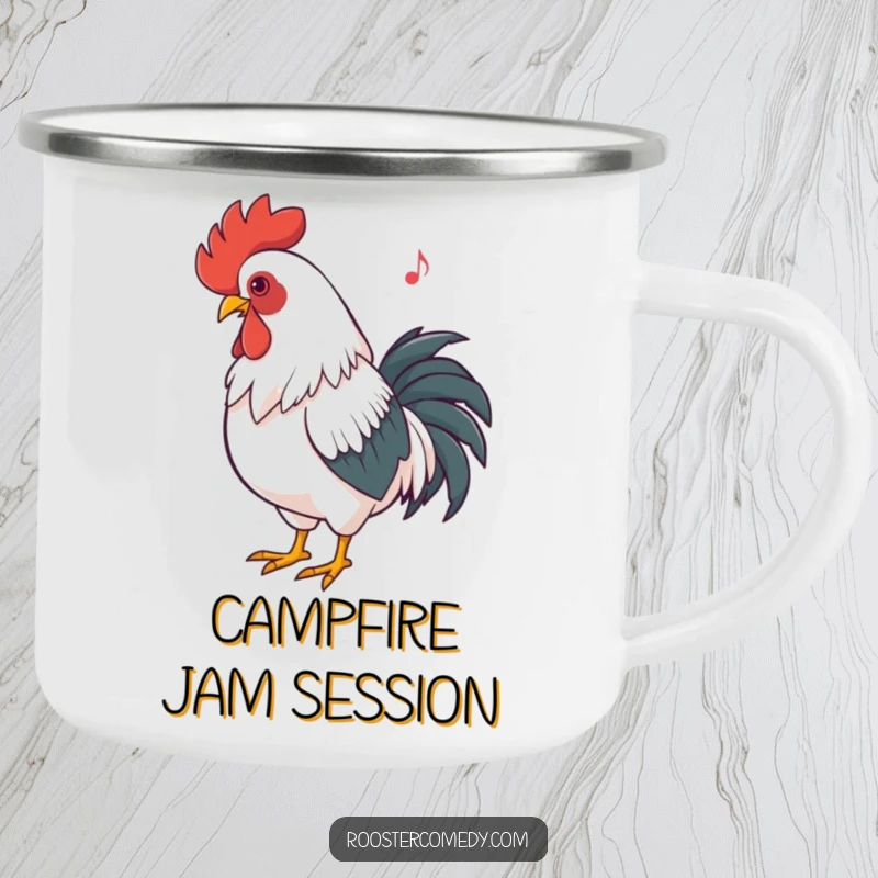 Funny Rooster Dancing Camping Mug: Durable mug with a rooster rhythmically bobbing its head, perfect for enjoying music-filled outdoor moments.