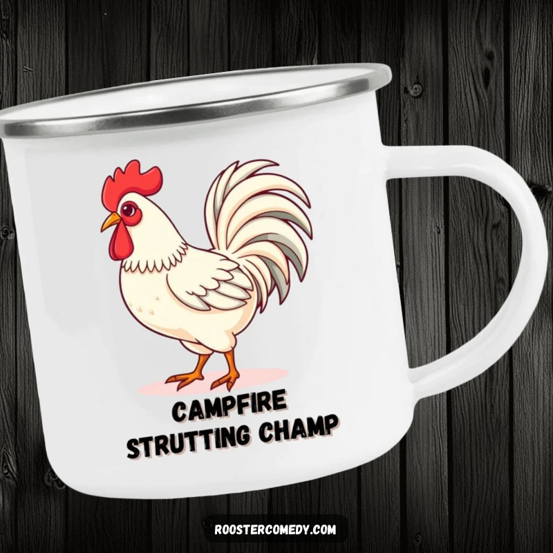 Funny Kawaii rooster camping mug featuring a cute rooster strutting proudly with its tail feathers fanned, ideal for outdoor enthusiasts with flair.