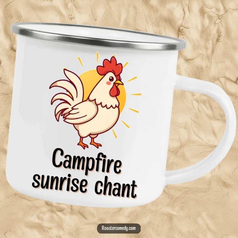Funny Kawaii rooster crowing at a sunrise, on a sturdy enamel camping mug for outdoor enjoyment.