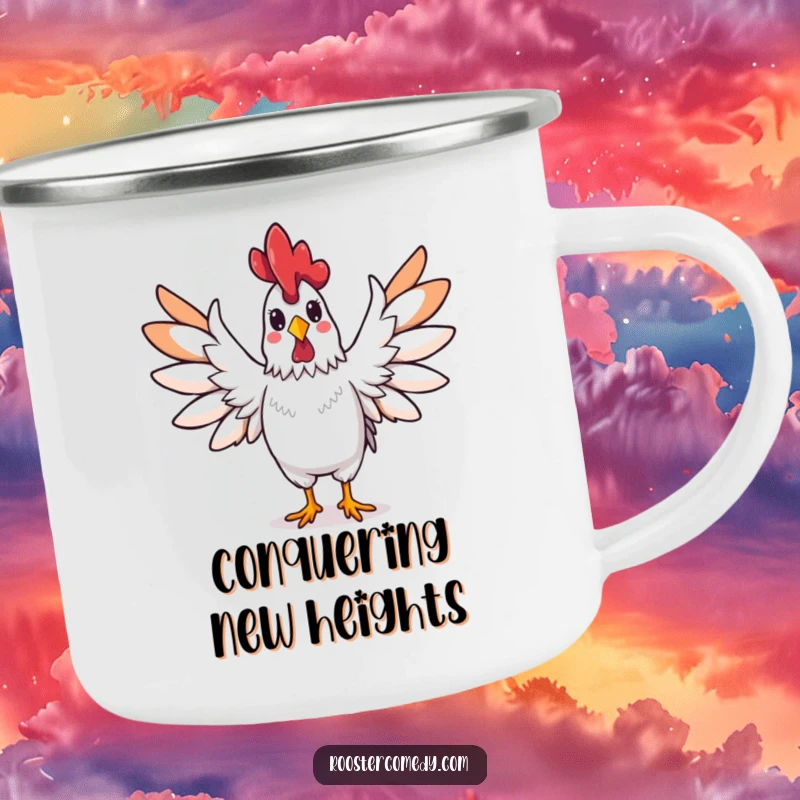 Funny rooster camping mug, a rooster spreading its wings wide triumphantly, ideal for outdoor achievers.