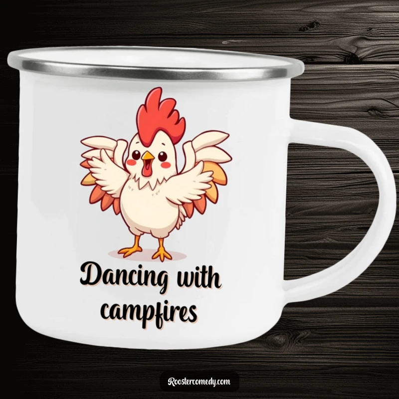 Funny Camping Mug of a cute Kawaii rooster with wings outstretched, performing a flamboyant dance, ready for outdoor festivities.