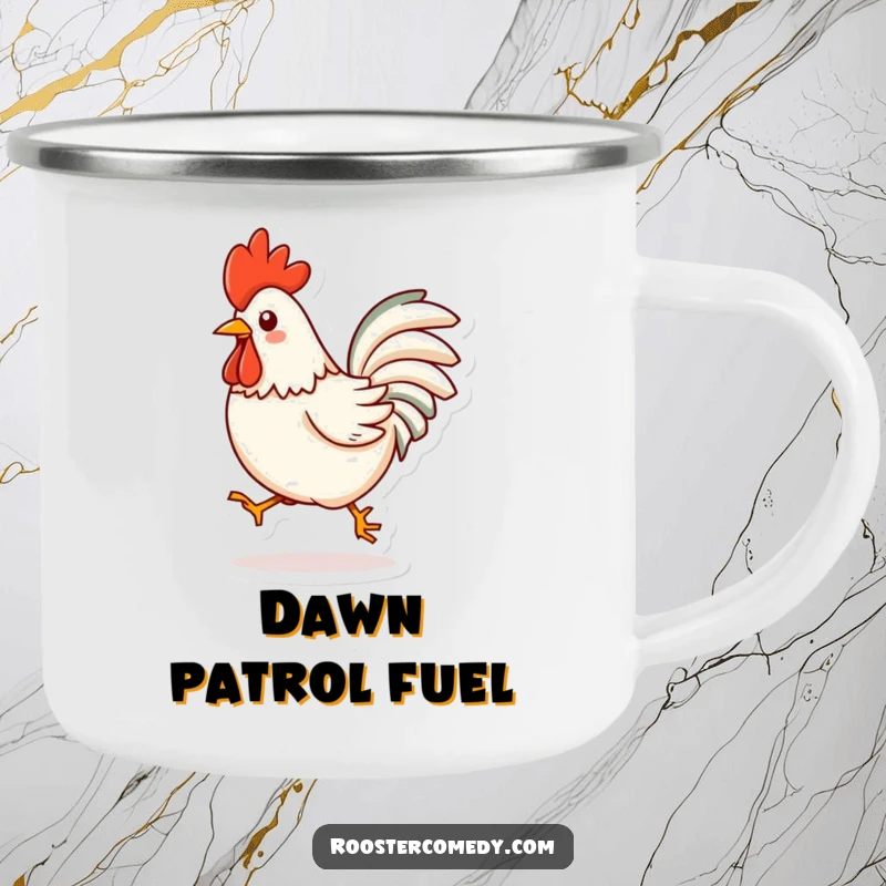 Funny Kawaii Rooster Camping Mug: A cute rooster mid-hop, ready for outdoor adventures, adding fun to your camp coffee. A great funny gift.