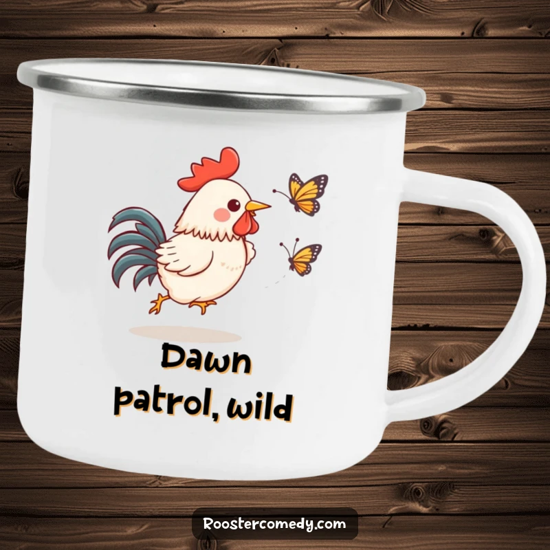 Funny Kawaii Rooster Camping Mug: A gleeful rooster chases a butterfly, perfect outdoor funny gift.
