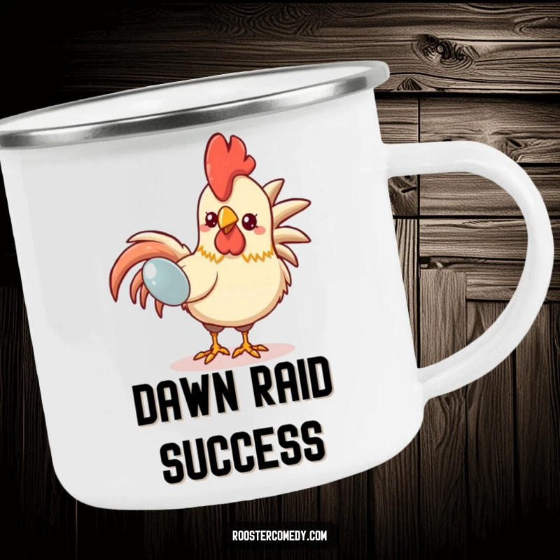 Funny Kawaii Rooster Camping Mug: A durable enamel mug shows a cute rooster pecking at a shiny object, perfect for outdoor, funny moments.